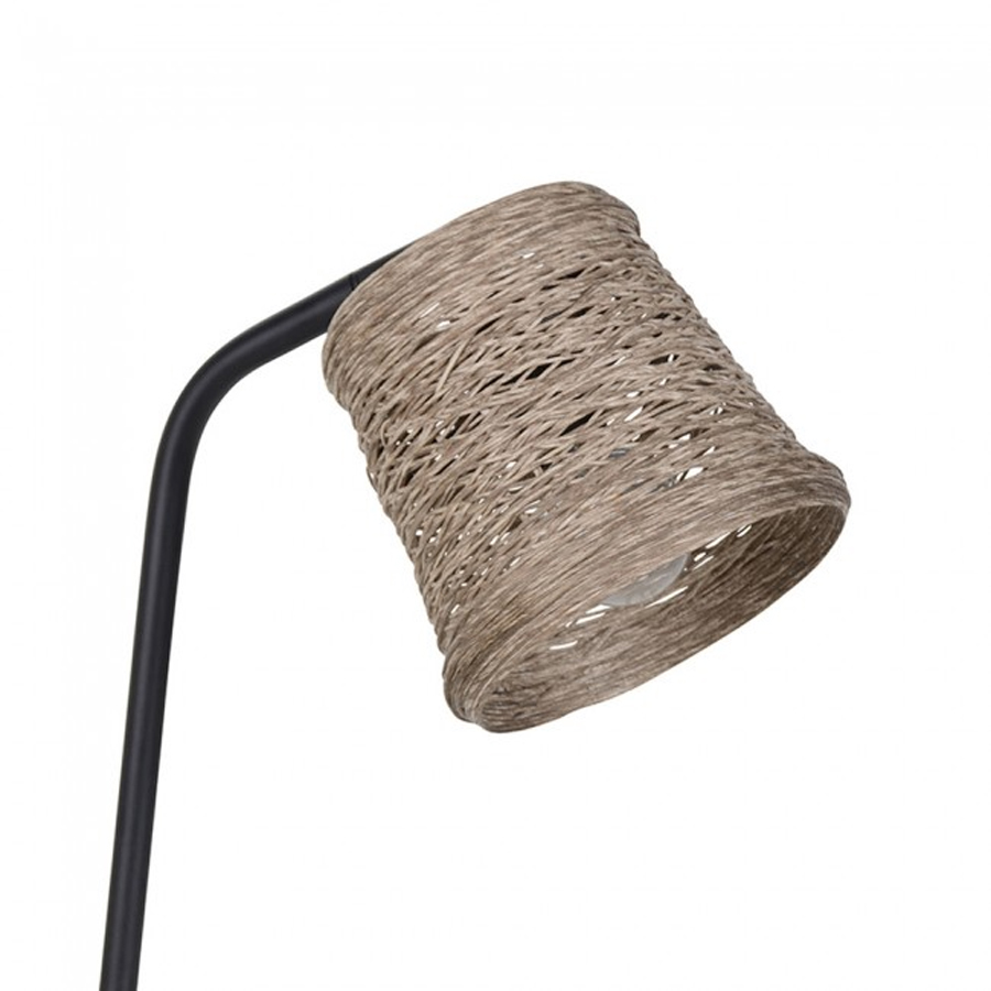 Détail de la lampe à poser Nude, avec un abat-jour en ficelle tressée naturelle et une base en métal noir, vue de près.