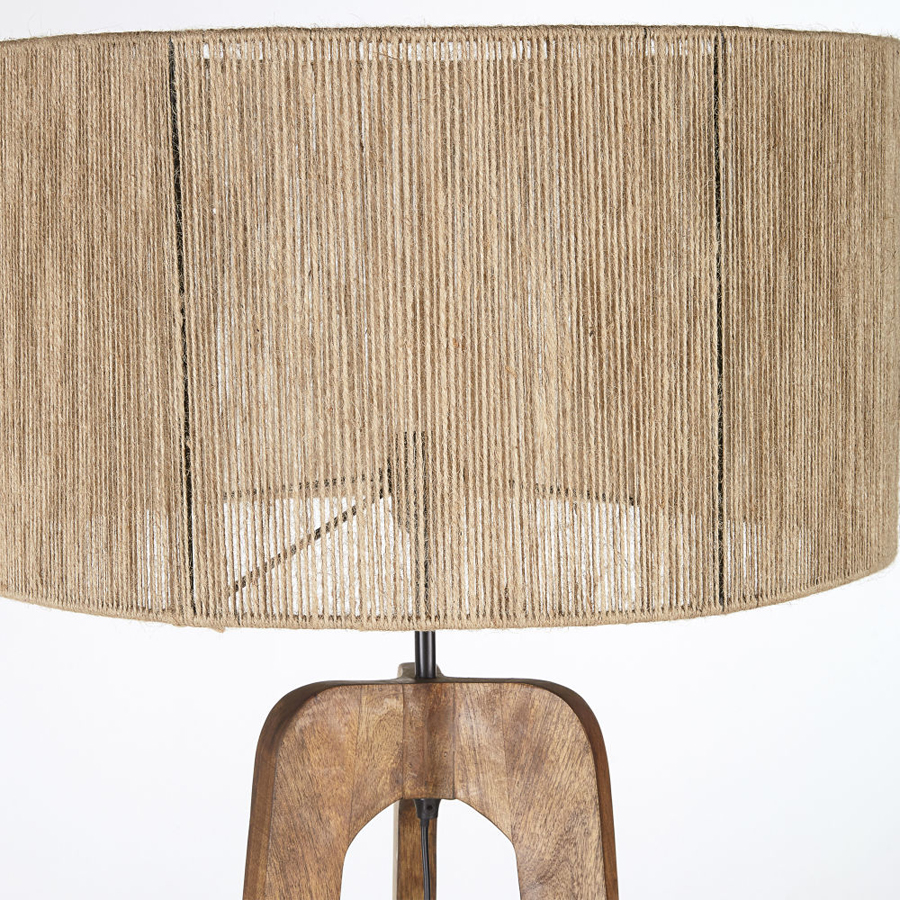 COMMONS - Lampadaire trépied en bois de manguier et abat-jour cannage en fil de jute tressé main H154