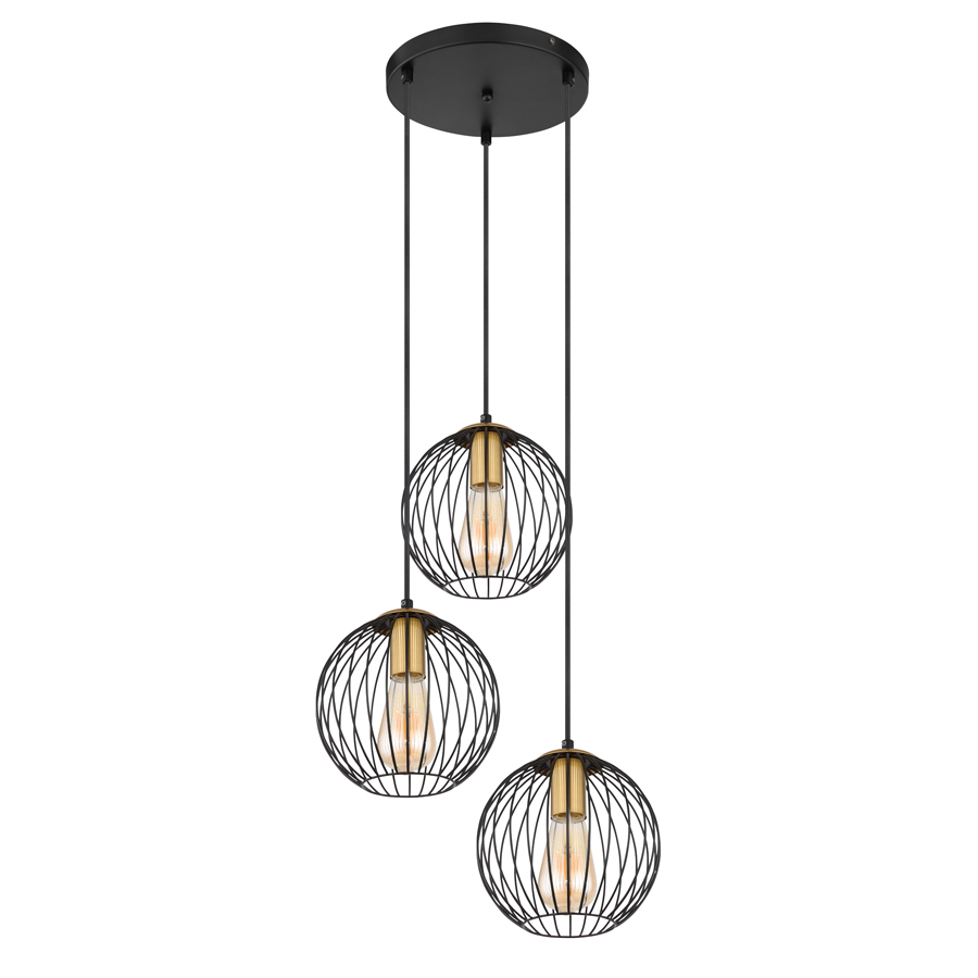 Lustre 3 lampes Eusebius en métal noir et laiton avec globes en verre fumé, idéal pour un luminaire moderne et élégant.