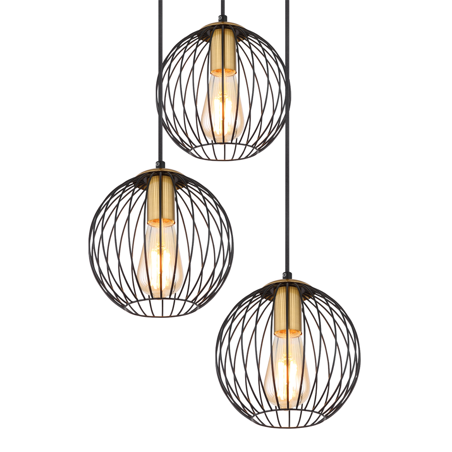 Vue rapprochée du Lustre Eusebius à 3 lampes en métal noir laitoné et verre fumé, parfait pour une décoration intérieure raffinée.