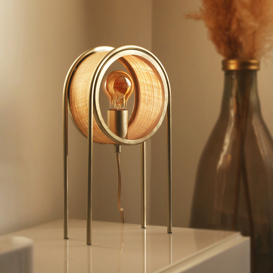BOB - Lampe à poser en métal champagne et fibre natruelle H36