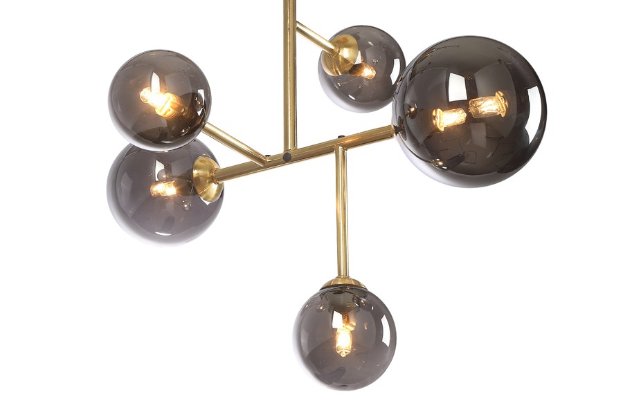Lustre plafonnier à 5 lampes Aurora en métal doré et verre fumé – Parfait pour une décoration lumineuse élégante – Dakar, Sénégal.
