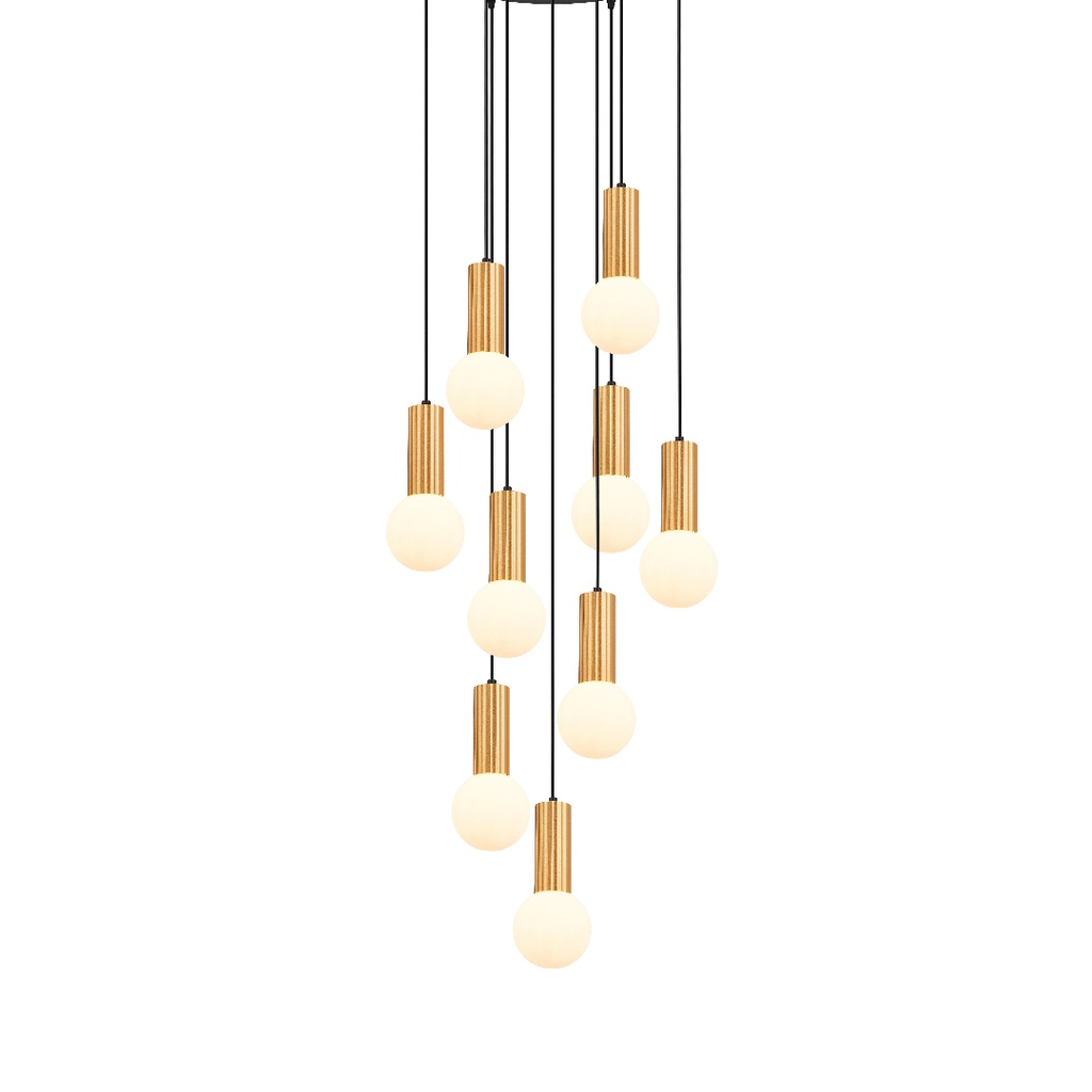 Lustre 9 lampes Candelis en metal noir avec verre opaque dorée