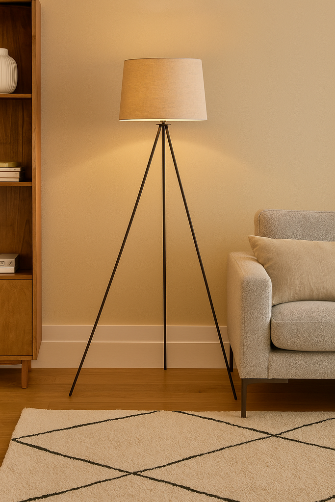 Lampadaire Soeni en métal noir et bois naturel, vue d'ensemble - Dakar, Sénégal.