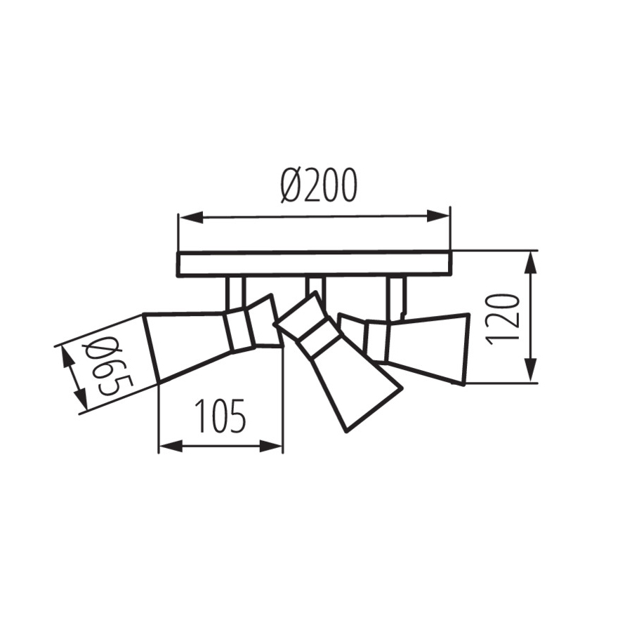 Dimensions détaillées de l'applique/plafonnier Mileno 3 lampes en acier noir et doré – Dakar, Sénégal.