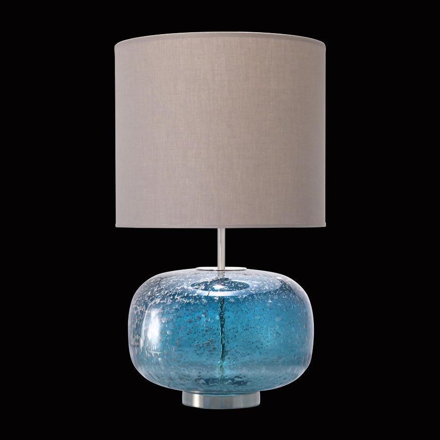 SYMPHONIE - Lampe à poser en verre bleu marine, métal doré et abat-jour en tissu H59