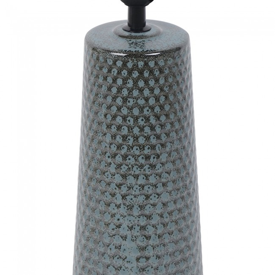 Détail de la lampe à poser Ondine, base en céramique brillante avec abat-jour en tissu aqua