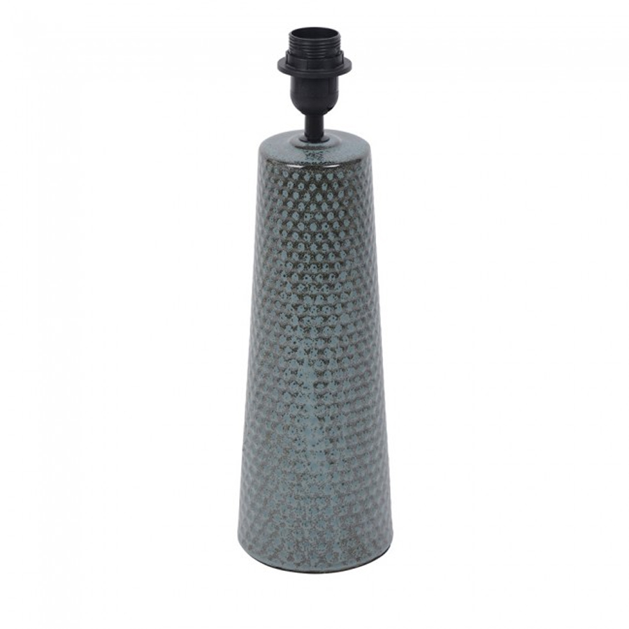 Lampe à poser Ondine avec base conique en céramique brillante et abat-jour en tissu aqua allumé