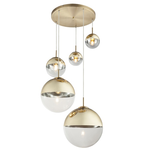 VARUS - Lustre 5 lampes en métal doré et verre transparent