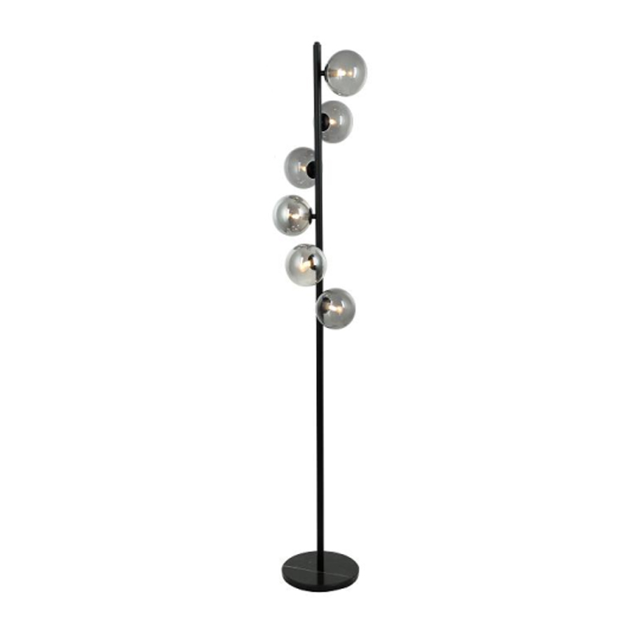 NASSAU - Lampadaire 6 lampes en métal noir et verre fumé H155