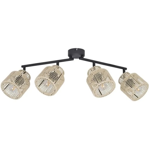 CANCUN - Spot / Plafonnier 4 lampes en métal noir et cordelette naturel