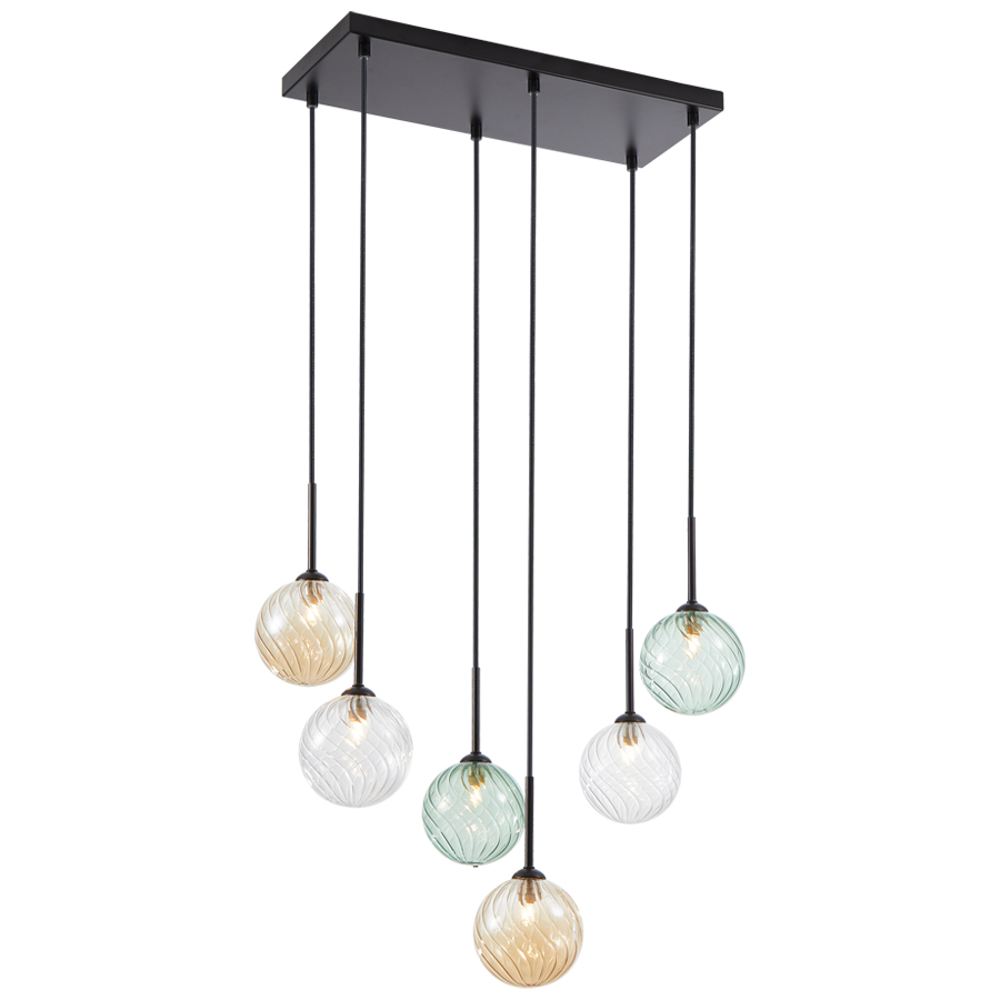 Lustre 6 lampes Moissac G9 en métal noir et verre multicolore