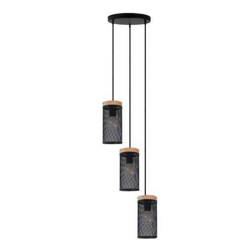 [MACNB103R] SALZBOURG - Lustre 3 lampes en métal noir et bois naturel