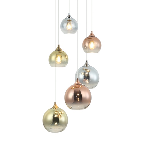 [LXCHAN206] CRAVEN - Lustre 6 lampes en métal doré et verre multicolore