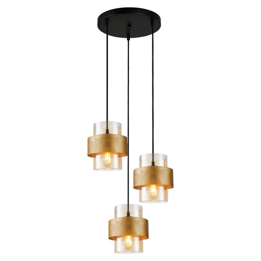 [LXSTVQ103] CARABANE - Lustre 3 lampes en métal doré et verre ambré