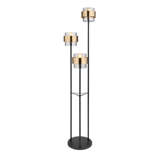 [GLO15560S] MILLEY - Lampadaire 3 lampes en métal noir mat et verre fumé, anneau de laiton H167