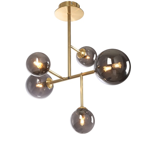 [SLX601510CV] Lustre / plafonnier Aurora 5 lampes en métal doré et verre fumé