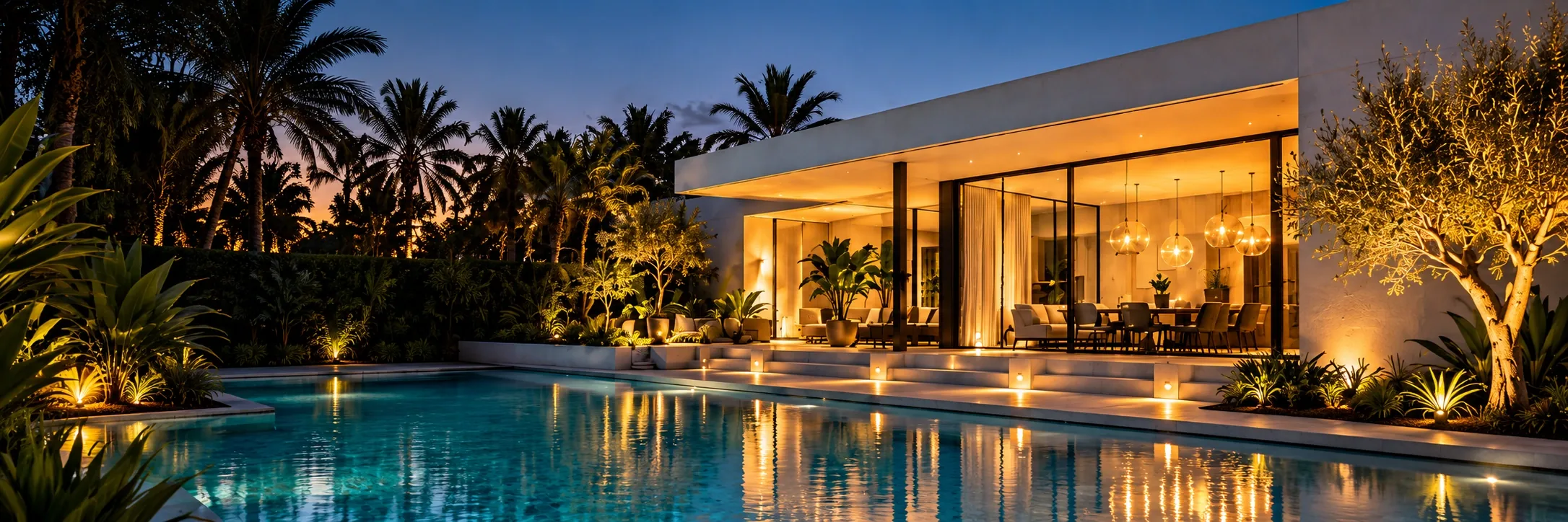 Villa contemporaine avec éclairage extérieur et intérieur chaleureux