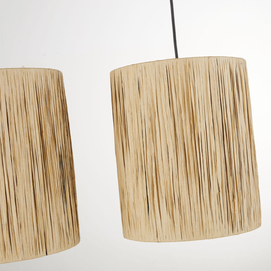 ARADAS - Lustre 3 lampes en métal noir abat-jours en raphia