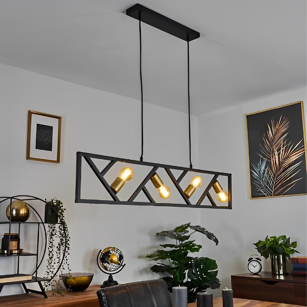 DOREL - Lustre 4 lampes en métal noir mat et laiton L110 cm