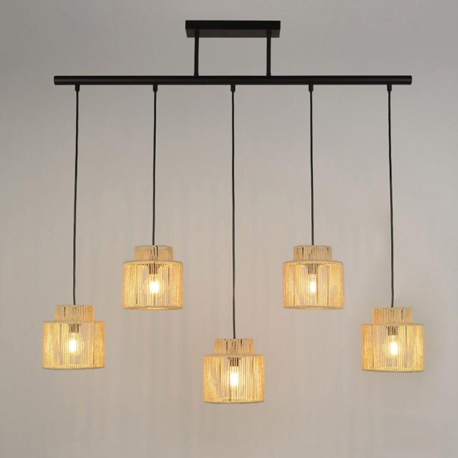 Lustre 5 lampes cancun en métal noir et cordelette de papier tressée naturel Dakar , Sénégal