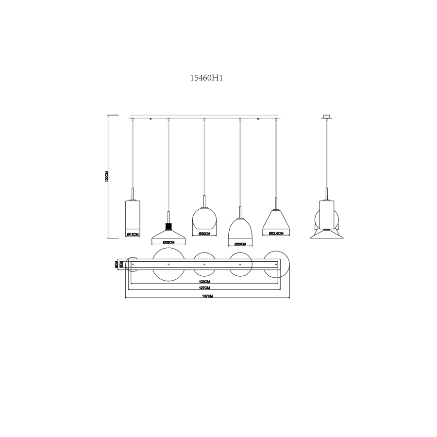 ADARA - Lustre 5 lampes en métal laiton et verre transparent