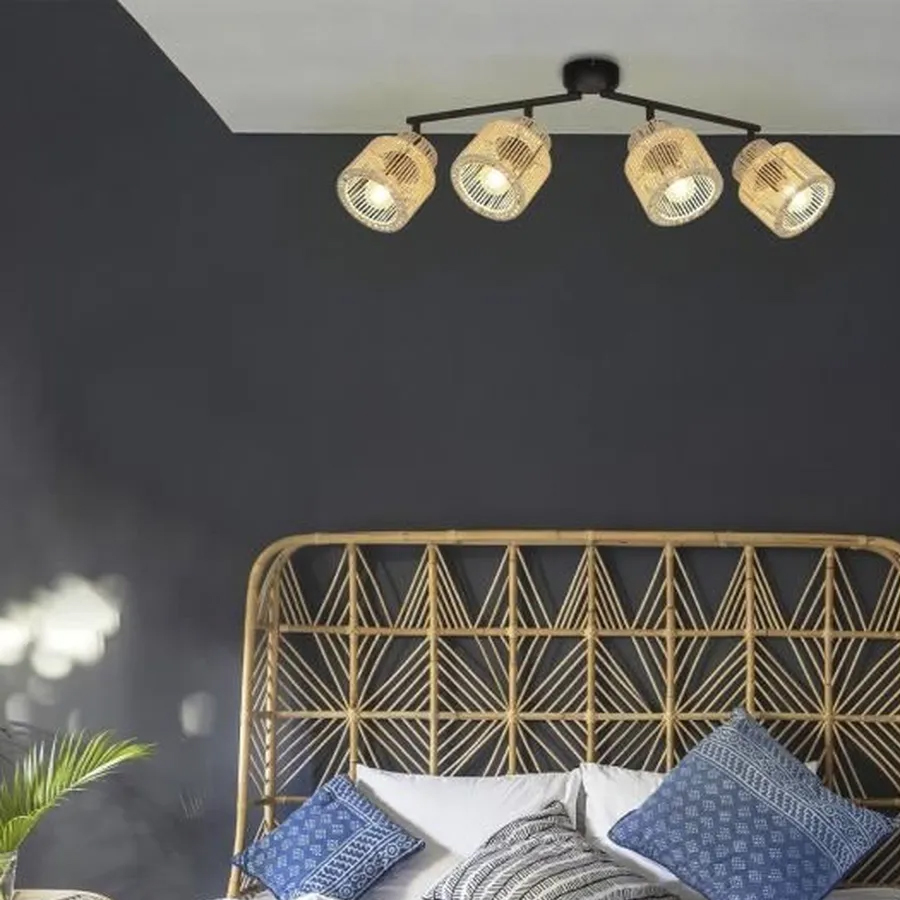 Plafonnier 4 lampes Cancun métal noir et cordelette – Style moderne – Dakar, Sénégal
