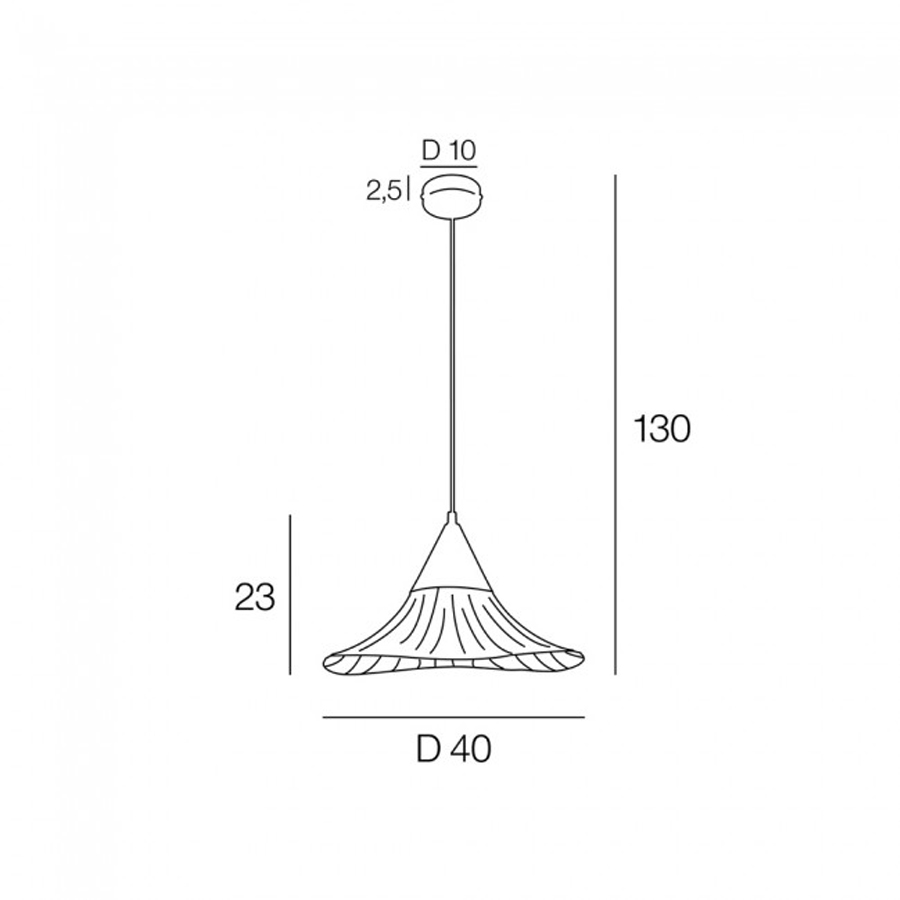 Schéma technique de la Suspension Lizzie conique avec dimensions : hauteur 130 cm, diamètre 40 cm, structure en métal et rotin naturel à Dakar, Sénégal.