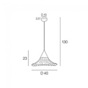 Schéma technique de la Suspension Lizzie conique avec dimensions : hauteur 130 cm, diamètre 40 cm, structure en métal et rotin naturel à Dakar, Sénégal.