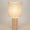 Lampe à poser Riva en bois naturel avec abat-jour en coton, vue du pied et de l'abat-jour