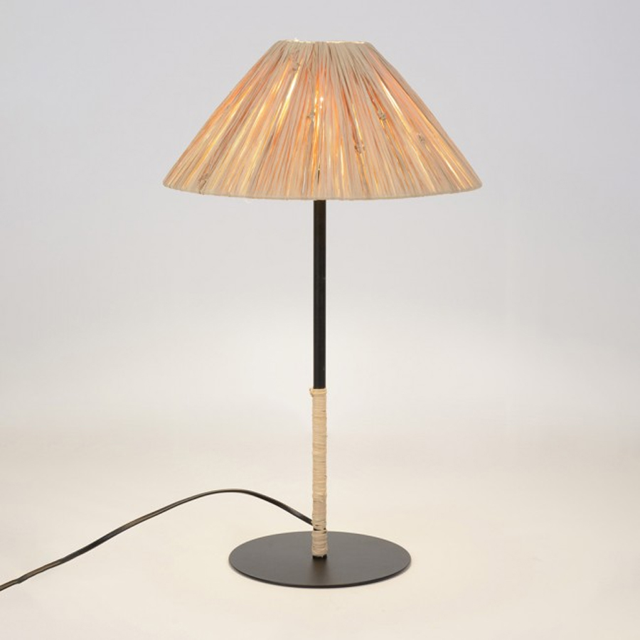 Lampe à poser avec base en verre et abat-jour en raphia naturel avec franges, Dakar, Sénégal