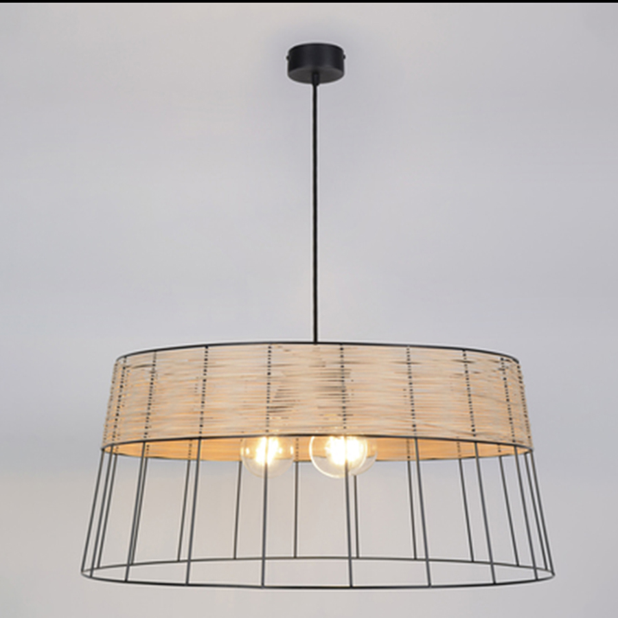 Lustre 3 lampes indah forme tambour en métal filaire peint et en rotin Dakar , Sénégal