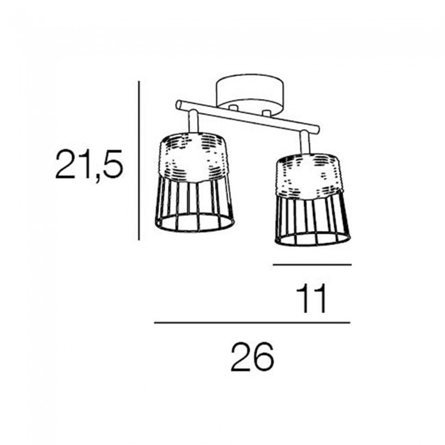 Schéma technique du Spot/plafonnier Indah à 2 lampes, avec dimensions précises en métal noir, Dakar, Sénégal.