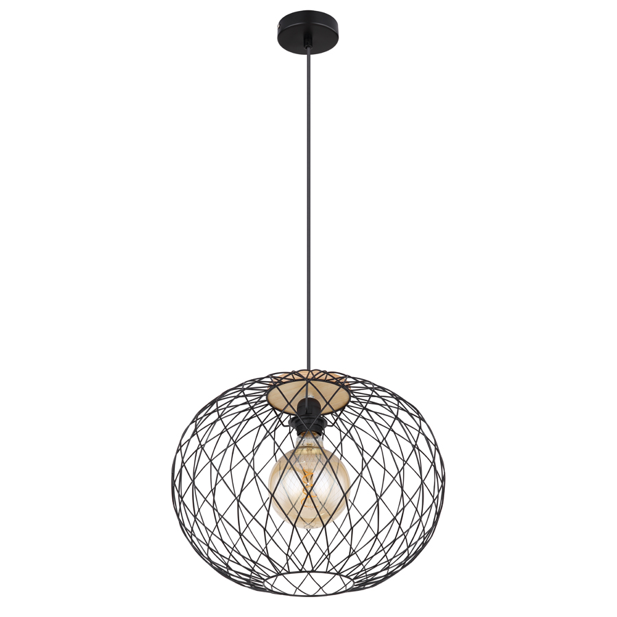 Vue globale de la suspension Lacky - Suspension en métal noir mat et MDF, suspendue avec élégance. Dakar, Sénégal.