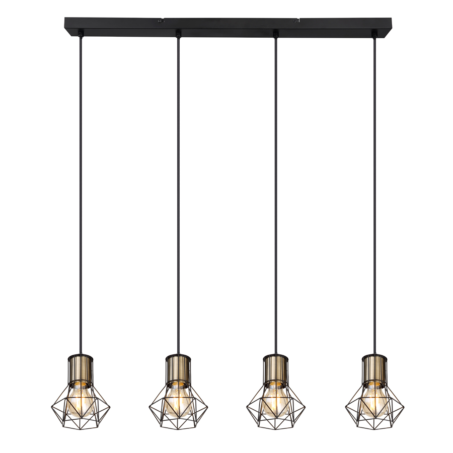 Vue de face du lustre Priska à 4 lampes en métal noir, structure minimaliste, Dakar, Sénégal