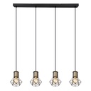 Vue de face du lustre Priska à 4 lampes en métal noir, structure minimaliste, Dakar, Sénégal
