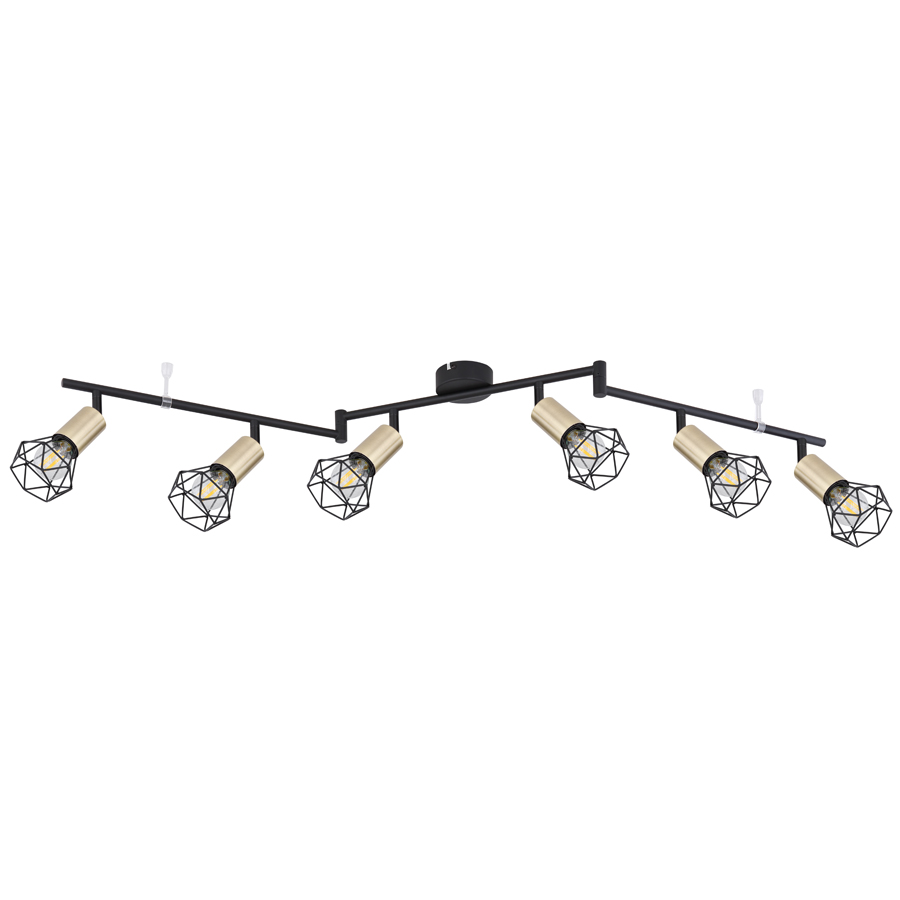 Spot/plafonnier 6 lampes Xara en métal noir et laiton vieilli vu de face, Dakar, Sénégal.