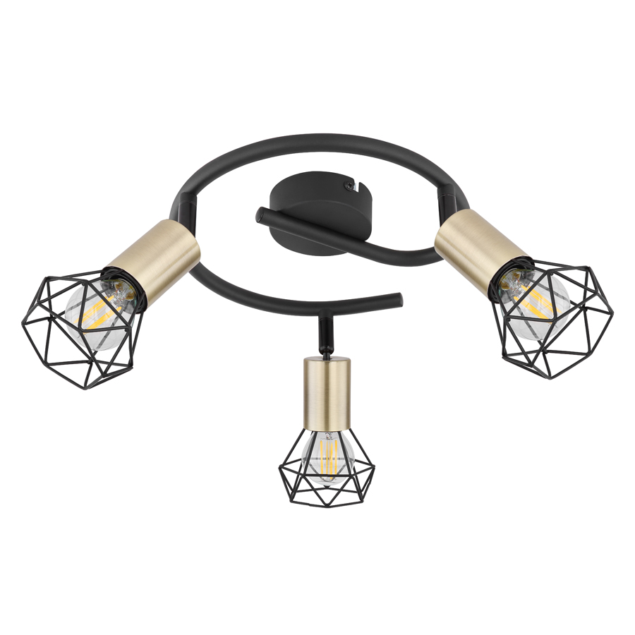 Spot plafonnier Xara I avec 3 lampes, structure en métal noir et laiton vieilli, design moderne et géométrique, Dakar, Sénégal