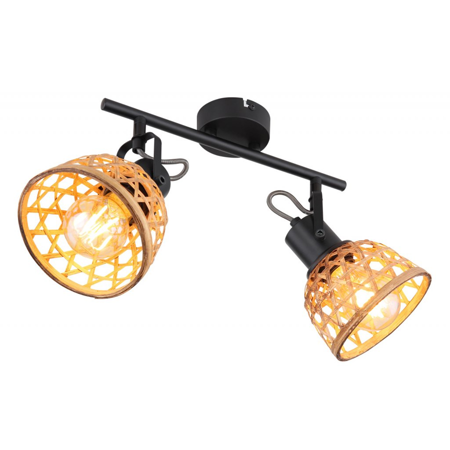 Spot/plafonnier Wenna avec 2 lampes en métal noir et abat-jour en bambou, design naturel et chaleureux – Dakar, Sénégal.