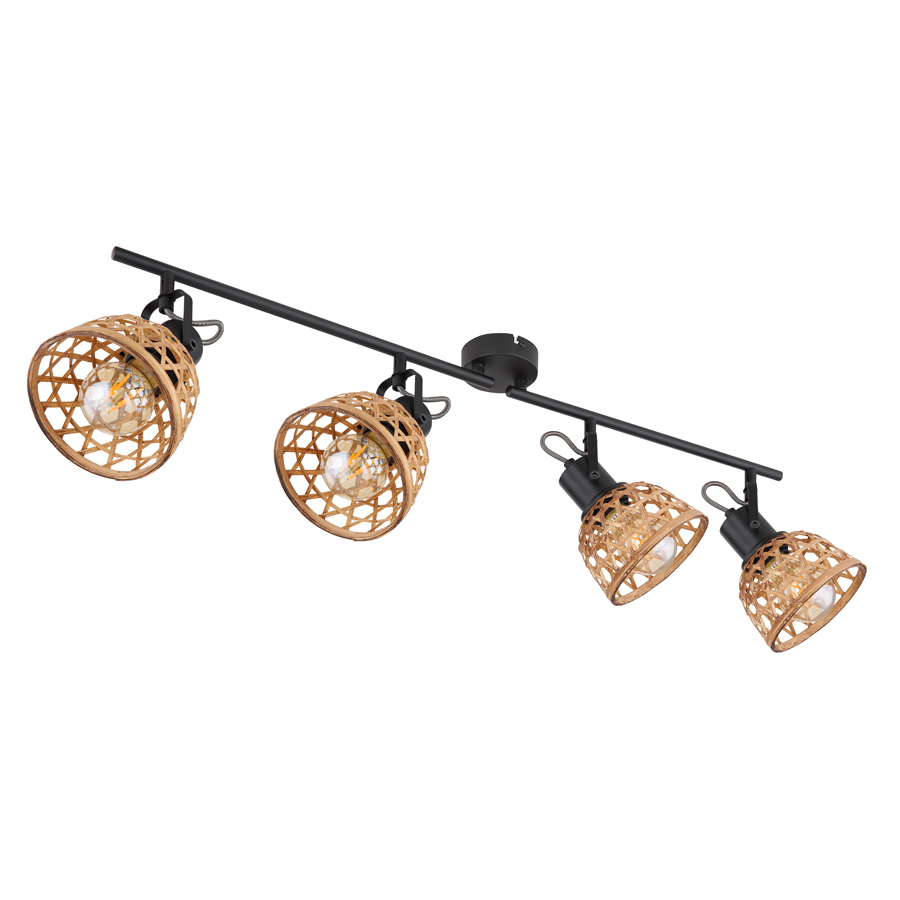 Spot/plafonnier Wenna avec 4 lampes en métal noir et abat-jour en bambou, style naturel et design – Dakar, Sénégal.