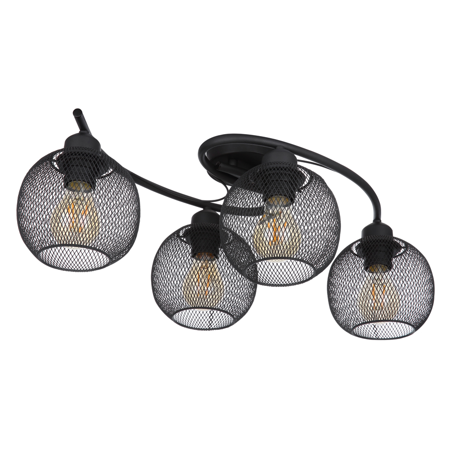 PABLO - Plafonnier 4 lampes en métal noir et bois marron