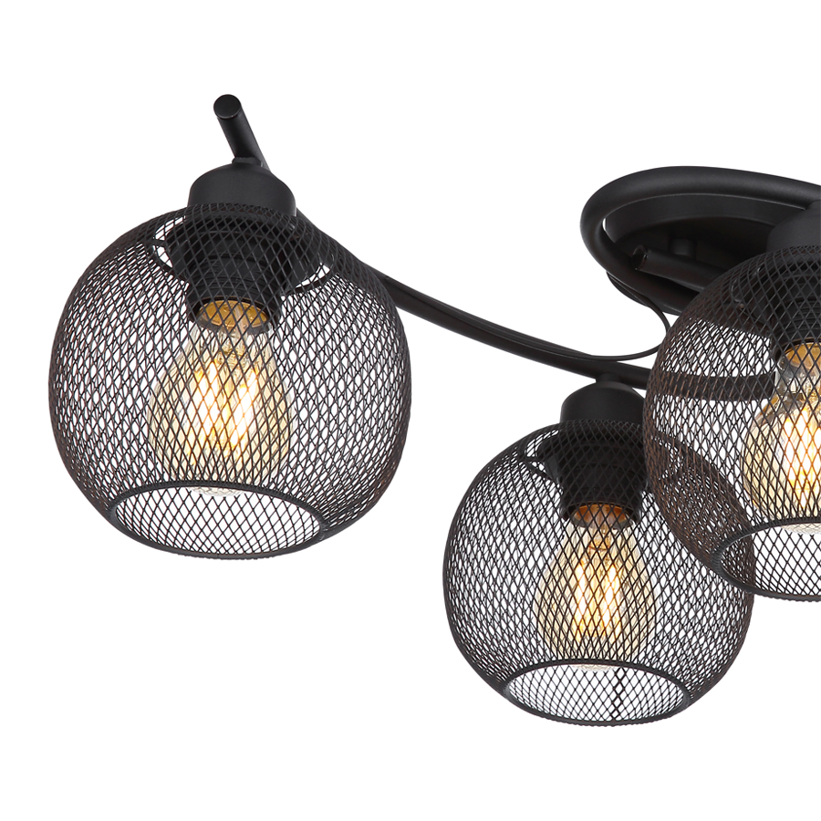 PABLO - Plafonnier 4 lampes en métal noir et bois marron