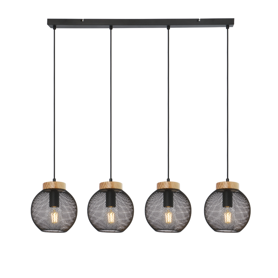 Lustre Pablo avec 4 lampes suspendues en métal noir mat et bois marron, design moderne, Dakar, Sénégal