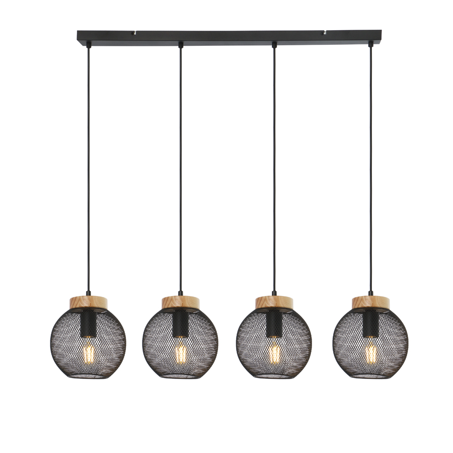 PABLO - Lustre 4 lampes en métal noir mat et bois marron