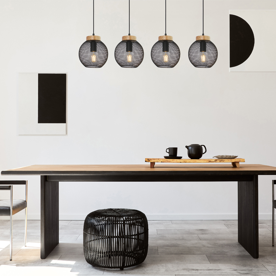 Lustre Pablo installé dans une salle à manger moderne, éclairage chaleureux, design épuré, Dakar, Sénégal