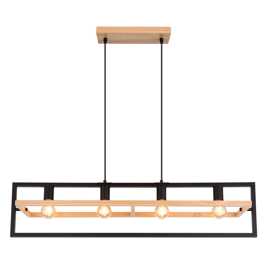 Lustre Erica suspendu avec 4 lampes, structure géométrique en métal noir et bois, Dakar, Sénégal