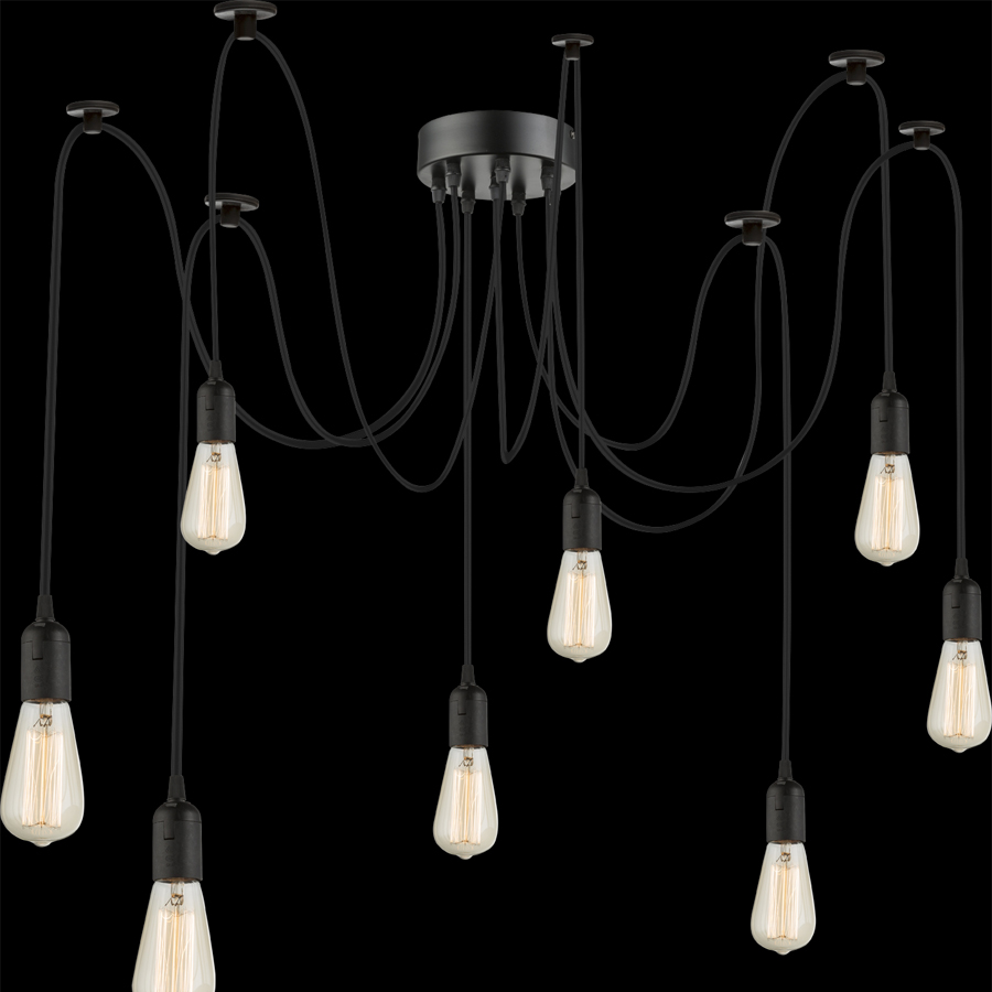 Lustre Oliver avec 8 lampes suspendues, design industriel en métal noir, lumière chaleureuse, Dakar, Sénégal