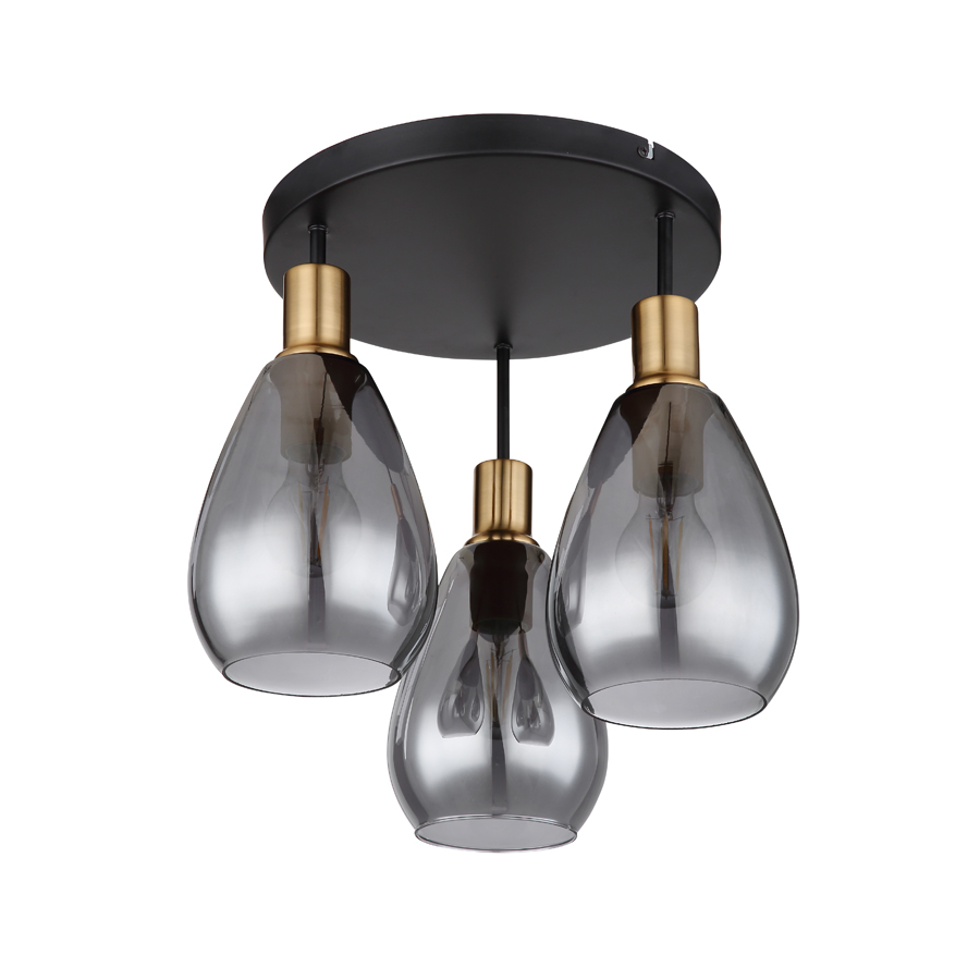 Lustre/plafonnier Fanni avec 3 lampes en métal laiton et verre fumé, design élégant pour éclairage intérieur – Dakar, Sénégal.