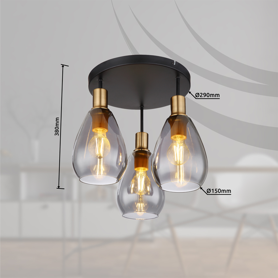 Vue rapprochée du lustre/plafonnier Fanni 3 en verre fumé et métal laiton, parfait pour un intérieur chic – Dakar, Sénégal.