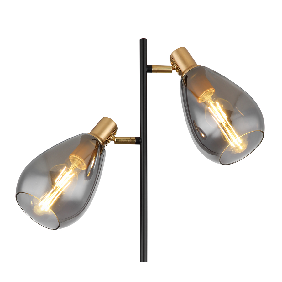 Détail des abat-jours en verre effet laiton du lampadaire Fanni, avec ampoules exposées, Dakar, Sénégal